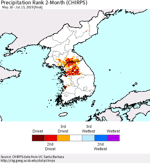 Korea Precipitation Rank since 1981, 2-Month (CHIRPS) Thematic Map For 5/16/2019 - 7/15/2019