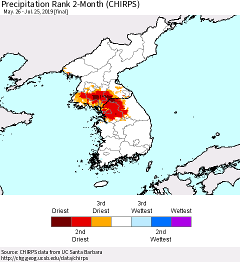 Korea Precipitation Rank since 1981, 2-Month (CHIRPS) Thematic Map For 5/26/2019 - 7/25/2019