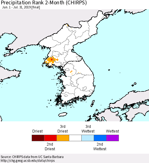 Korea Precipitation Rank since 1981, 2-Month (CHIRPS) Thematic Map For 6/1/2019 - 7/31/2019