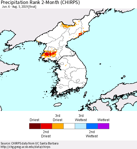 Korea Precipitation Rank since 1981, 2-Month (CHIRPS) Thematic Map For 6/6/2019 - 8/5/2019