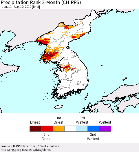 Korea Precipitation Rank since 1981, 2-Month (CHIRPS) Thematic Map For 6/11/2019 - 8/10/2019