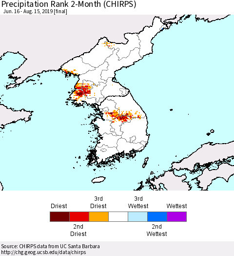 Korea Precipitation Rank since 1981, 2-Month (CHIRPS) Thematic Map For 6/16/2019 - 8/15/2019