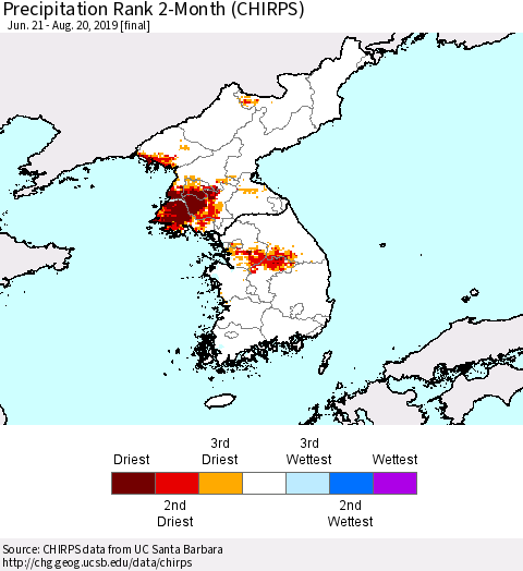 Korea Precipitation Rank since 1981, 2-Month (CHIRPS) Thematic Map For 6/21/2019 - 8/20/2019