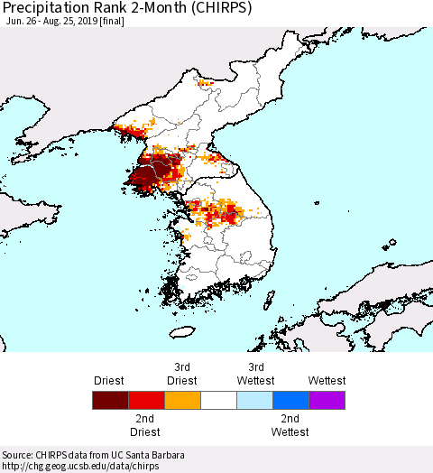 Korea Precipitation Rank since 1981, 2-Month (CHIRPS) Thematic Map For 6/26/2019 - 8/25/2019