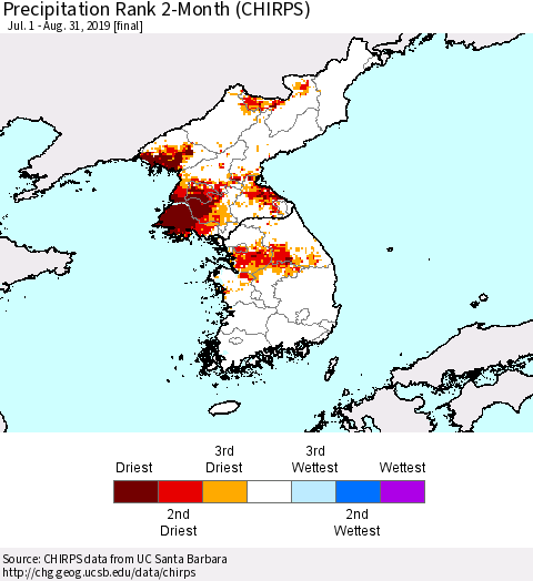 Korea Precipitation Rank since 1981, 2-Month (CHIRPS) Thematic Map For 7/1/2019 - 8/31/2019