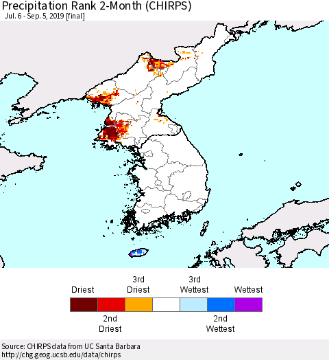 Korea Precipitation Rank since 1981, 2-Month (CHIRPS) Thematic Map For 7/6/2019 - 9/5/2019