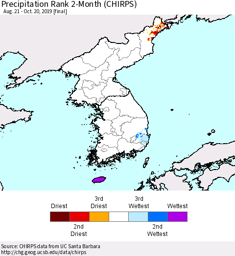 Korea Precipitation Rank since 1981, 2-Month (CHIRPS) Thematic Map For 8/21/2019 - 10/20/2019