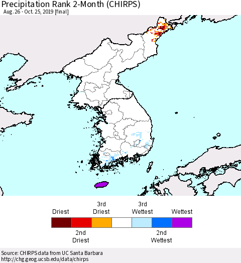 Korea Precipitation Rank since 1981, 2-Month (CHIRPS) Thematic Map For 8/26/2019 - 10/25/2019