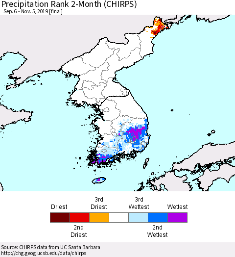 Korea Precipitation Rank since 1981, 2-Month (CHIRPS) Thematic Map For 9/6/2019 - 11/5/2019