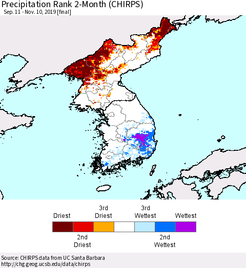 Korea Precipitation Rank 2-Month (CHIRPS) Thematic Map For 9/11/2019 - 11/10/2019