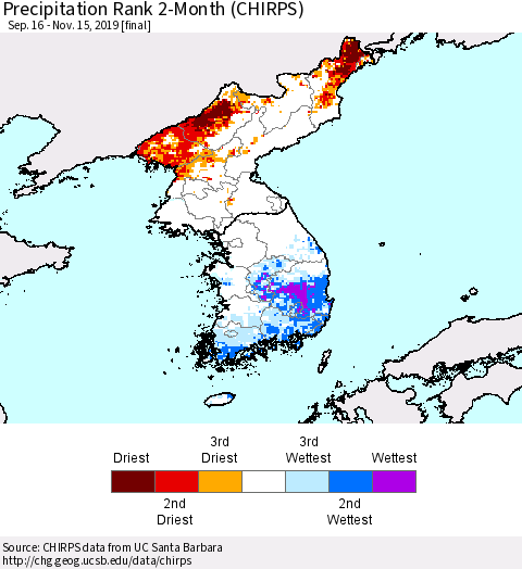 Korea Precipitation Rank since 1981, 2-Month (CHIRPS) Thematic Map For 9/16/2019 - 11/15/2019