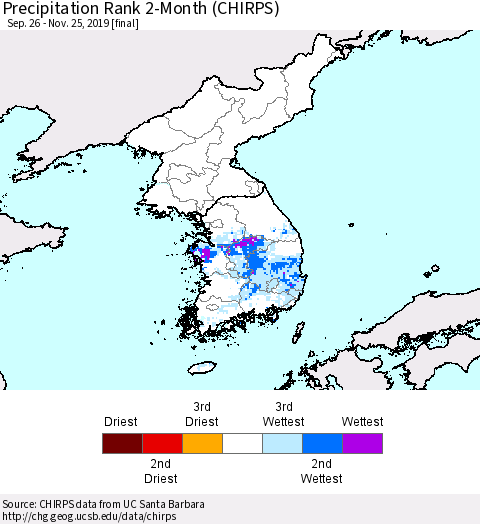 Korea Precipitation Rank since 1981, 2-Month (CHIRPS) Thematic Map For 9/26/2019 - 11/25/2019