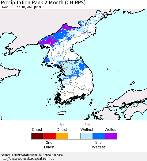 Korea Precipitation Rank 2-Month (CHIRPS) Thematic Map For 11/11/2019 - 1/10/2020