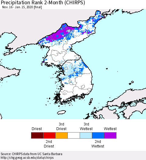 Korea Precipitation Rank since 1981, 2-Month (CHIRPS) Thematic Map For 11/16/2019 - 1/15/2020