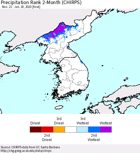 Korea Precipitation Rank since 1981, 2-Month (CHIRPS) Thematic Map For 11/21/2019 - 1/20/2020