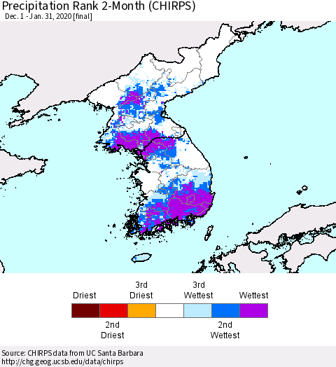 Korea Precipitation Rank since 1981, 2-Month (CHIRPS) Thematic Map For 12/1/2019 - 1/31/2020