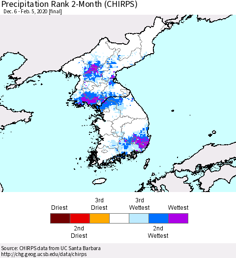 Korea Precipitation Rank 2-Month (CHIRPS) Thematic Map For 12/6/2019 - 2/5/2020