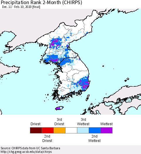Korea Precipitation Rank 2-Month (CHIRPS) Thematic Map For 12/11/2019 - 2/10/2020