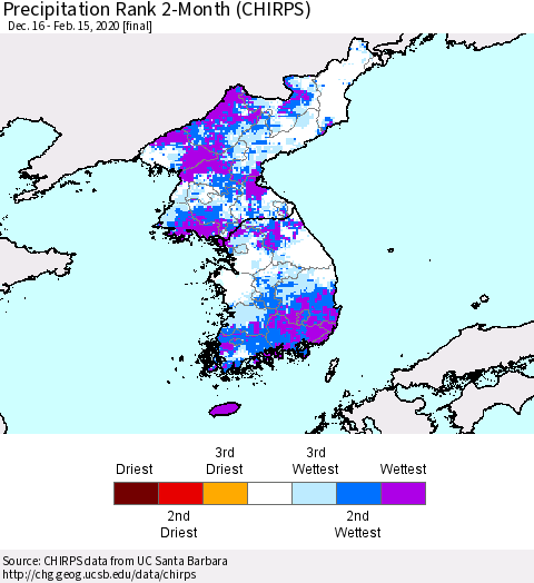 Korea Precipitation Rank 2-Month (CHIRPS) Thematic Map For 12/16/2019 - 2/15/2020