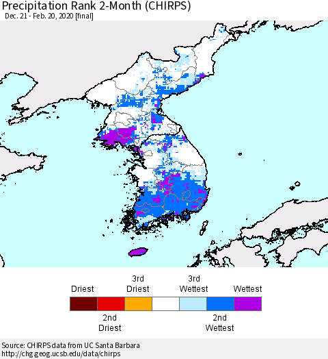 Korea Precipitation Rank since 1981, 2-Month (CHIRPS) Thematic Map For 12/21/2019 - 2/20/2020