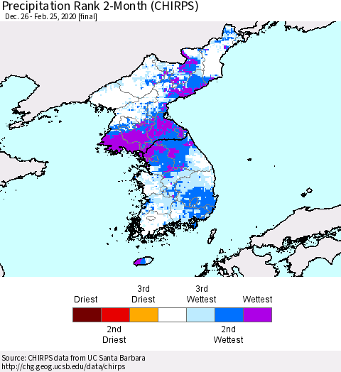 Korea Precipitation Rank 2-Month (CHIRPS) Thematic Map For 12/26/2019 - 2/25/2020