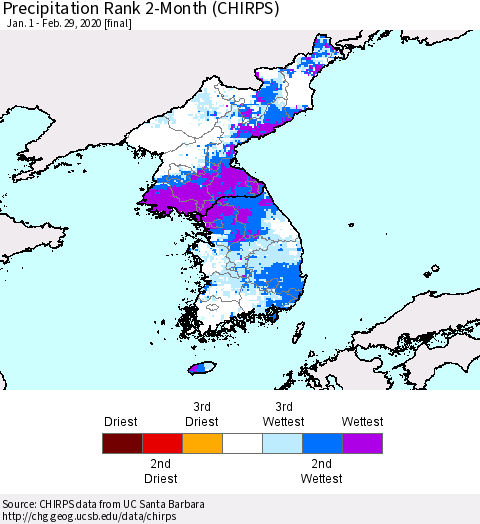 Korea Precipitation Rank 2-Month (CHIRPS) Thematic Map For 1/1/2020 - 2/29/2020