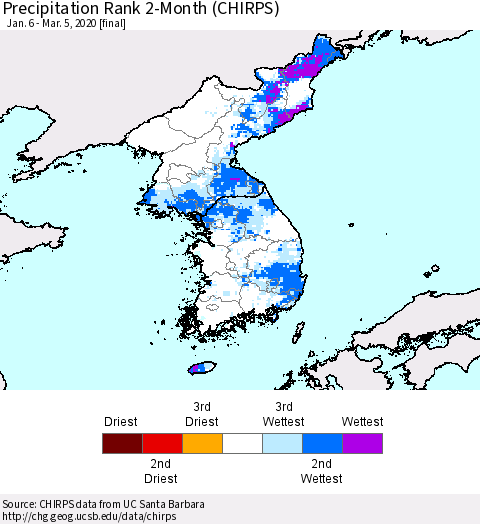 Korea Precipitation Rank 2-Month (CHIRPS) Thematic Map For 1/6/2020 - 3/5/2020