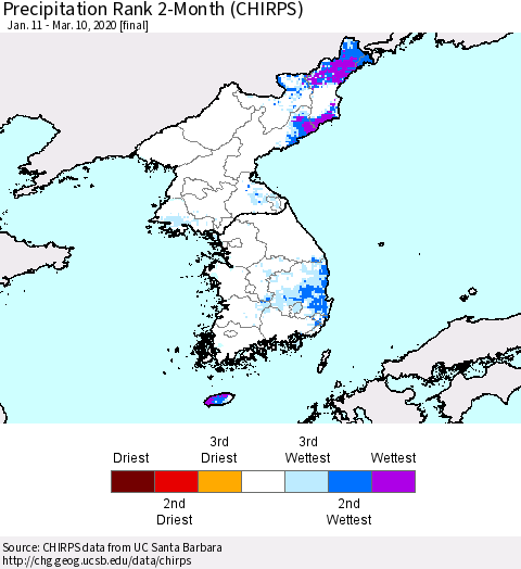 Korea Precipitation Rank since 1981, 2-Month (CHIRPS) Thematic Map For 1/11/2020 - 3/10/2020
