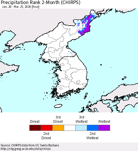 Korea Precipitation Rank 2-Month (CHIRPS) Thematic Map For 1/26/2020 - 3/25/2020