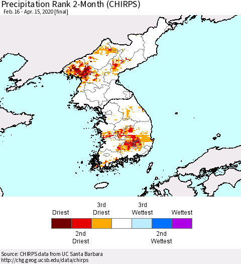 Korea Precipitation Rank 2-Month (CHIRPS) Thematic Map For 2/16/2020 - 4/15/2020