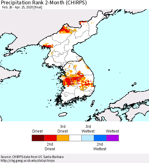 Korea Precipitation Rank 2-Month (CHIRPS) Thematic Map For 2/26/2020 - 4/25/2020