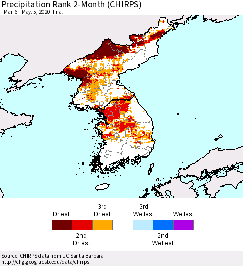 Korea Precipitation Rank 2-Month (CHIRPS) Thematic Map For 3/6/2020 - 5/5/2020