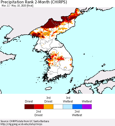 Korea Precipitation Rank 2-Month (CHIRPS) Thematic Map For 3/11/2020 - 5/10/2020