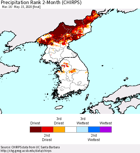 Korea Precipitation Rank 2-Month (CHIRPS) Thematic Map For 3/16/2020 - 5/15/2020