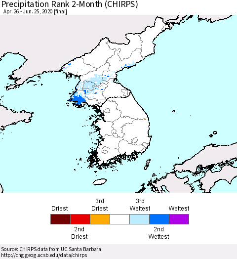 Korea Precipitation Rank 2-Month (CHIRPS) Thematic Map For 4/26/2020 - 6/25/2020