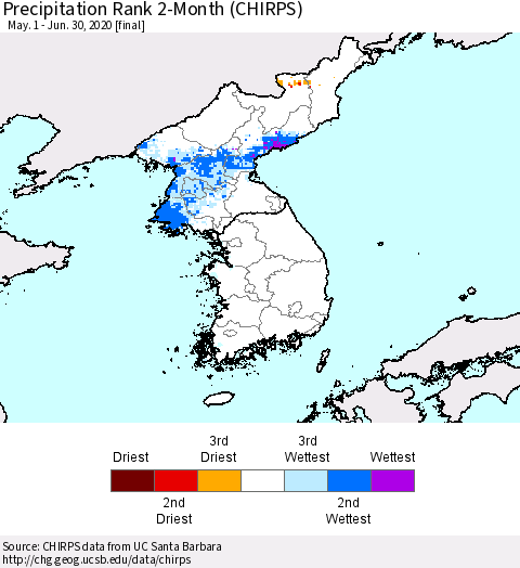 Korea Precipitation Rank since 1981, 2-Month (CHIRPS) Thematic Map For 5/1/2020 - 6/30/2020