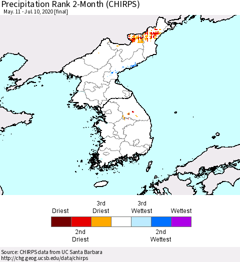 Korea Precipitation Rank 2-Month (CHIRPS) Thematic Map For 5/11/2020 - 7/10/2020