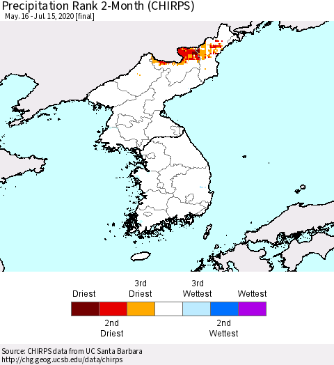 Korea Precipitation Rank since 1981, 2-Month (CHIRPS) Thematic Map For 5/16/2020 - 7/15/2020