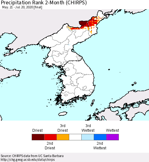 Korea Precipitation Rank 2-Month (CHIRPS) Thematic Map For 5/21/2020 - 7/20/2020