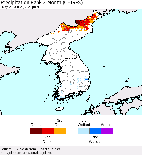 Korea Precipitation Rank since 1981, 2-Month (CHIRPS) Thematic Map For 5/26/2020 - 7/25/2020