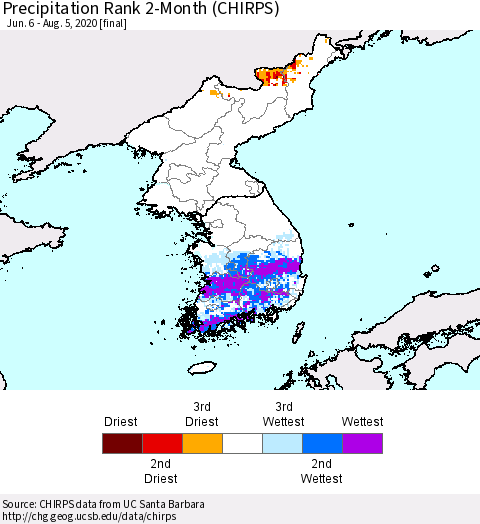 Korea Precipitation Rank 2-Month (CHIRPS) Thematic Map For 6/6/2020 - 8/5/2020