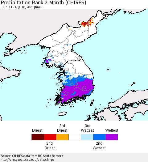 Korea Precipitation Rank 2-Month (CHIRPS) Thematic Map For 6/11/2020 - 8/10/2020
