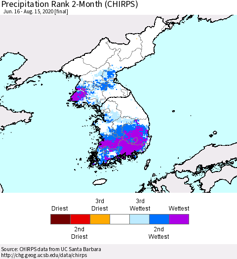 Korea Precipitation Rank 2-Month (CHIRPS) Thematic Map For 6/16/2020 - 8/15/2020