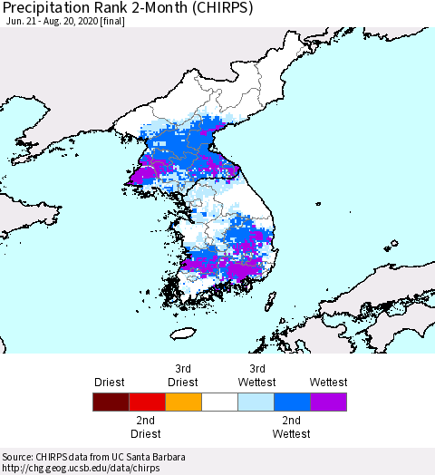 Korea Precipitation Rank 2-Month (CHIRPS) Thematic Map For 6/21/2020 - 8/20/2020