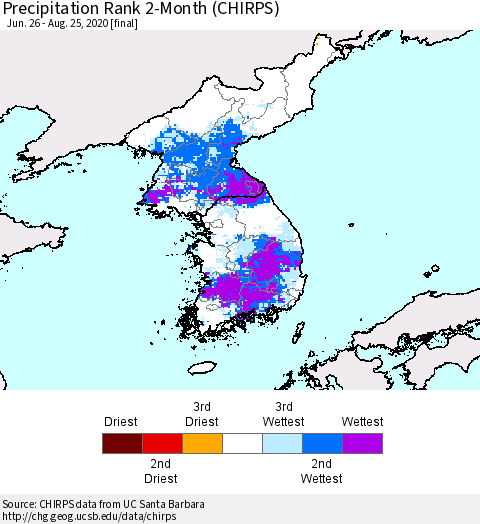 Korea Precipitation Rank 2-Month (CHIRPS) Thematic Map For 6/26/2020 - 8/25/2020