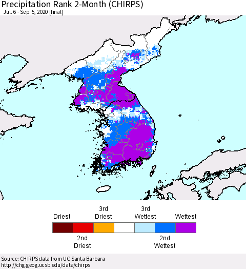 Korea Precipitation Rank since 1981, 2-Month (CHIRPS) Thematic Map For 7/6/2020 - 9/5/2020