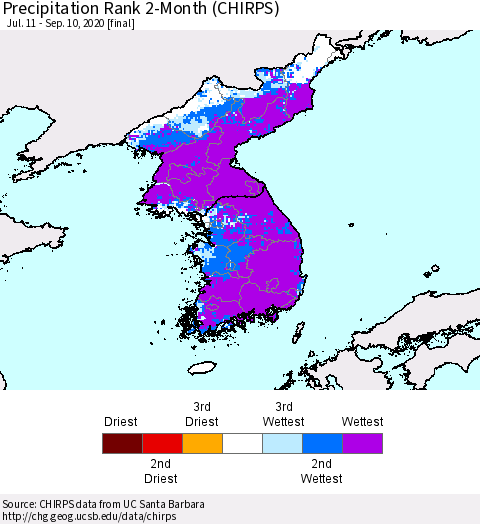 Korea Precipitation Rank since 1981, 2-Month (CHIRPS) Thematic Map For 7/11/2020 - 9/10/2020