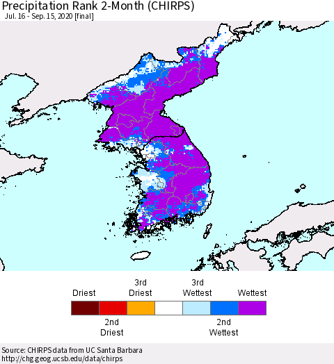 Korea Precipitation Rank since 1981, 2-Month (CHIRPS) Thematic Map For 7/16/2020 - 9/15/2020