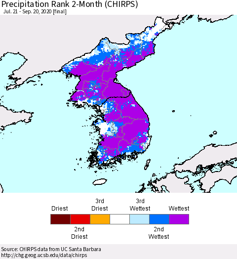 Korea Precipitation Rank 2-Month (CHIRPS) Thematic Map For 7/21/2020 - 9/20/2020
