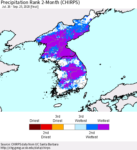 Korea Precipitation Rank 2-Month (CHIRPS) Thematic Map For 7/26/2020 - 9/25/2020
